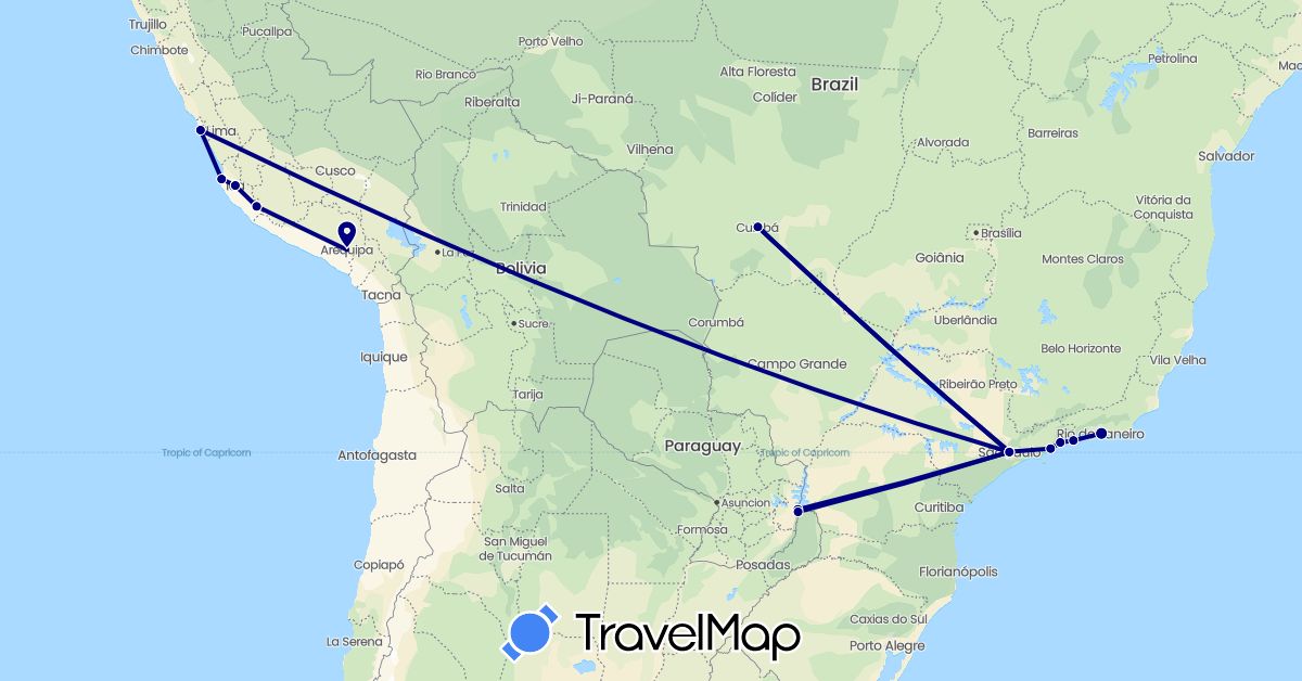 TravelMap itinerary: driving in Argentina, Brazil, Peru (South America)